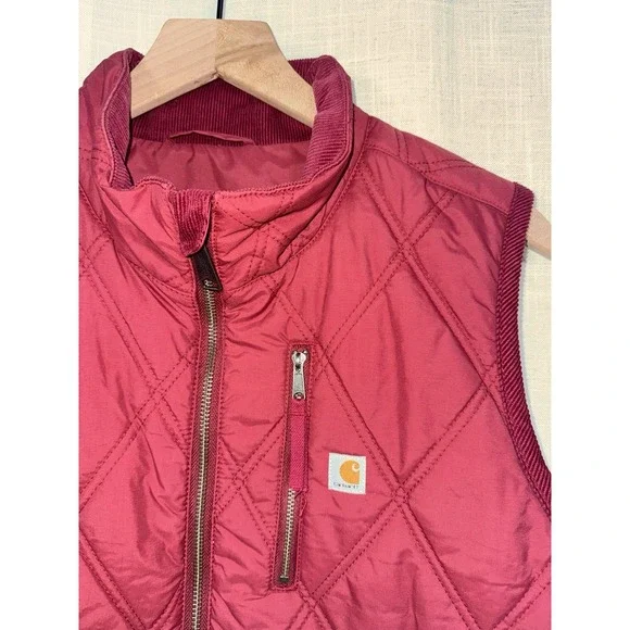 Carhartt Women's Large L Quilted Vest Corduroy Plaid Lined Maroon Burgundy Zip - Picture 2 of 10